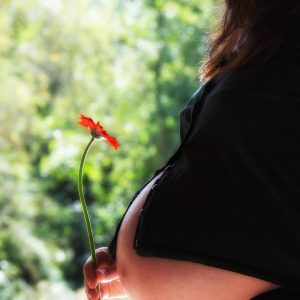Pregnant woman holding a red flower